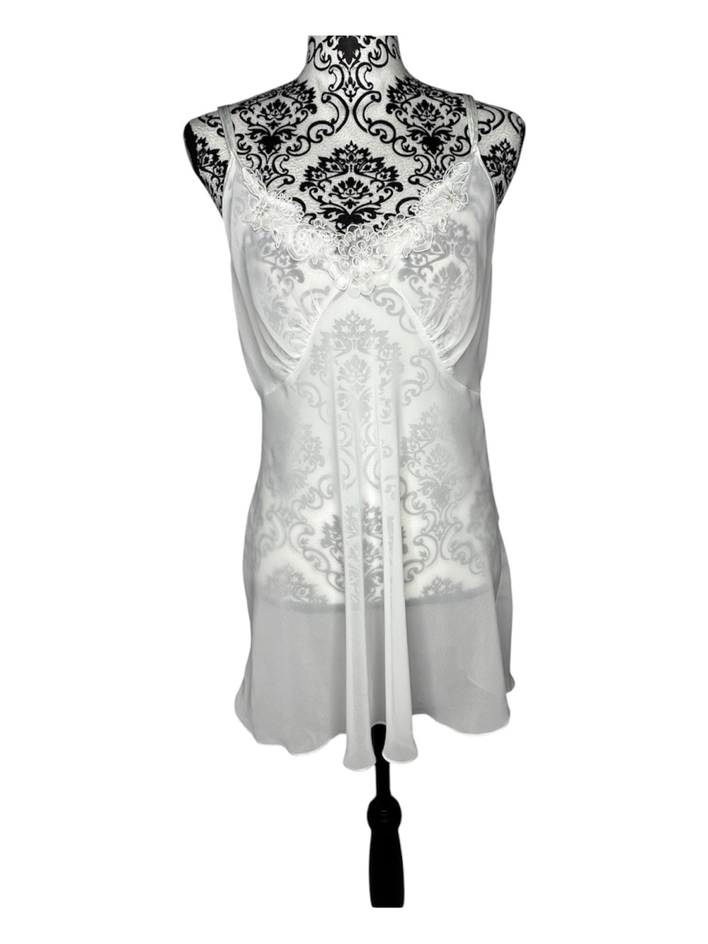 Vintage Dentelle V-neck White Floral Lace Trim Chemise Slip Size L